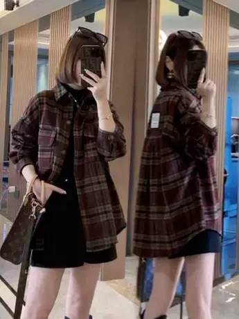 格子衬衫女士秋冬新款慵懒风复古宽松休闲显瘦轻薄中长款毛呢外套商品大图