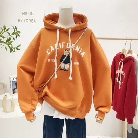 韩国东大门2022春季新款ins小熊复古字母连帽毛圈棉卫衣宽松大码图片