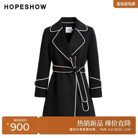 红袖outlets撞色边单排扣长大衣hopeshow2023冬款翻领黑色外套女商品大图