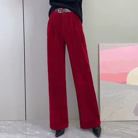 红色灯芯绒阔腿裤女秋冬2023新款高腰宽松垂感拖地长裤百搭休闲裤商品大图