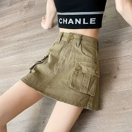绿色辣妹工装半身裙女夏季薄款高腰牛仔短裙显瘦百搭a字包臀裙子图片