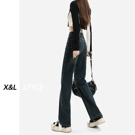 美式直筒牛仔裤女秋冬季2023年新款高腰显瘦修身弹力复古烟管裤子图片