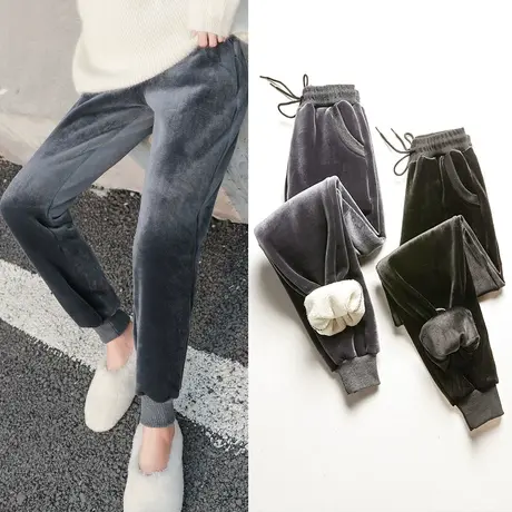 加绒运动裤女裤宽松直筒秋冬季棉裤加厚哈伦裤外穿休闲金丝绒卫裤图片