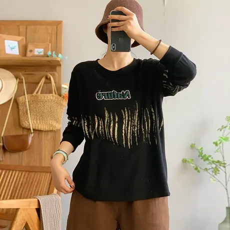 dza 复古宽松圆领德绒长袖T恤女秋冬洋气内搭上衣休闲百搭打底衫商品大图