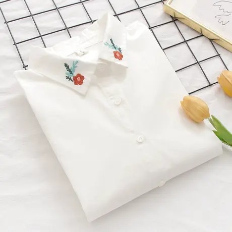 秋装日系文艺小清新刺绣花朵纯棉长袖白色衬衫女学生百搭打底上衣商品大图
