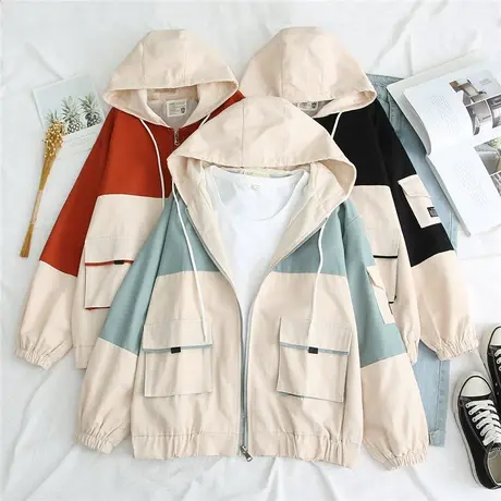 学院风春秋装BF风拼色连帽外套女学生少女百搭工装风衣宽松上衣图片