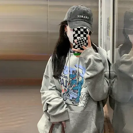 美式复古灰色卫衣女冬季加绒宽松bf慵懒风oversize套头上衣ins潮商品大图