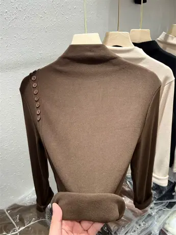 韩版半高领纽扣T恤拼接双面绒打底衫女初冬2023爆款百搭针织上衣图片