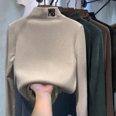 双面绒打底衫女秋冬2020半高领弹力内搭绣花字母德绒加厚保暖衣潮商品大图