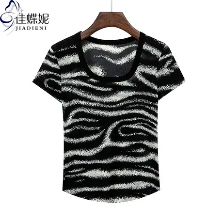 夏季新款U领修身下摆圆弧黑白水波纹网纱薄款透明短袖体恤上衣女商品大图