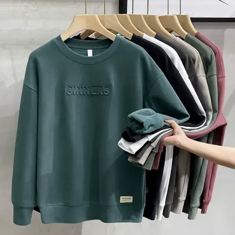 亲肤澳绒圆领加绒卫衣男2023秋冬季新款潮流休闲外套男装无帽上衣商品大图