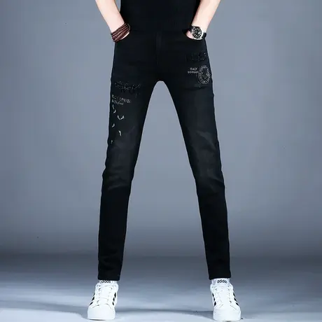 男士厚款冬季牛仔裤男款小脚修身弹力黑色刺绣裤子高端潮牌秋冬款商品大图