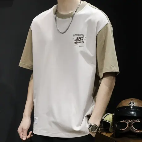 美式拼色短袖t恤男宽松潮牌大码男装夏季2024新款男士重磅体恤潮商品大图