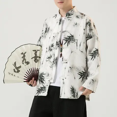 秋冬男夹克中国风竹子竹叶印花休闲大码复古外套中式盘扣上衣服潮图片
