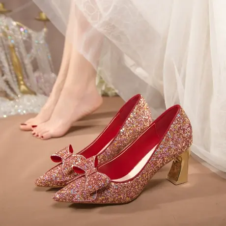红色婚鞋女婚纱秀禾两穿新娘鞋2023新款法式蝴蝶结高跟鞋尖头单鞋图片