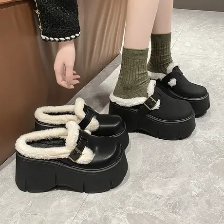 高跟小个子包头半拖鞋女冬季2023年新款厚底高级感保暖毛毛鞋棉拖商品大图