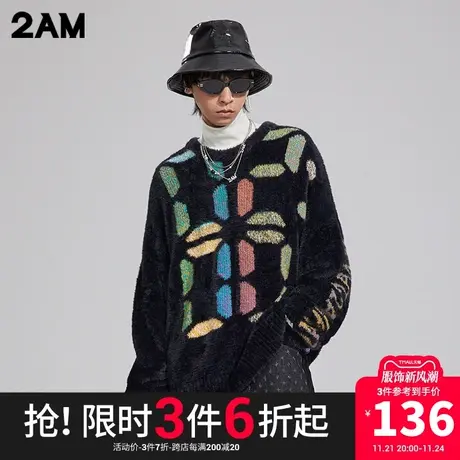 卡宾潮牌2AM彩色LOGO提花宽松落肩针织衫毛衣商品大图