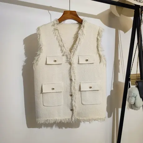 小香风针织马甲女秋冬新款宽松v领细闪亮丝无袖毛衣背心马夹外套商品大图