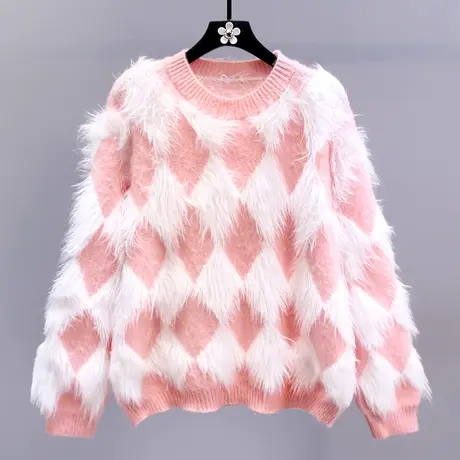 温柔软糯菱格毛衣女冬季2023新款宽松慵懒风加厚洋气打底针织衫商品大图