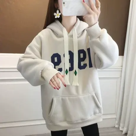 连帽卫衣女秋冬季韩版宽松大码中长款洋气减龄加绒加厚百搭外套潮图片