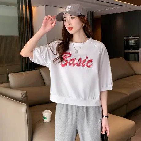 唐狮纯棉中袖T恤女休闲夏isn白色前胸文字短款设计感半袖上衣小众商品大图