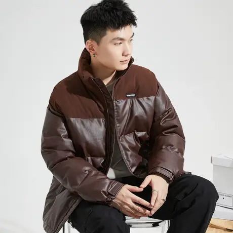 唐狮pu皮棉衣秋冬季新棉服男士拼接立领面包服加厚外套袄子潮牌图片