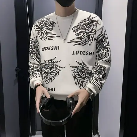 高级感龙头印花加绒卫衣男秋冬2023新款时尚修身休闲长袖内搭上衣商品大图