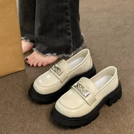 JK小皮鞋女英伦风2024春秋新款粗跟中跟单鞋厚底显脚小黑色乐福鞋商品大图