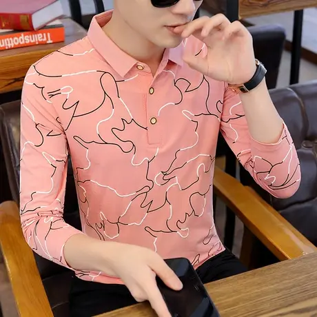 2021秋季纯棉Polo衫男韩版修身青年学生印花长袖T恤男士打底衫潮商品大图