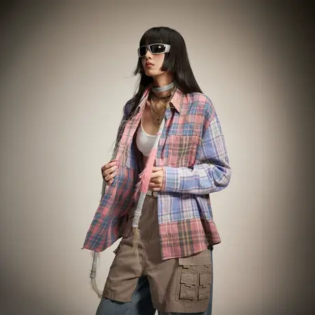 美式复古拼接格子衬衫女春秋2024新款设计感上衣宽松oversize衬衣图片