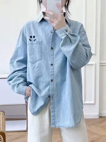 蓝色牛仔衬衫女2024年春季新款打底长袖笑脸刺绣休闲时尚百搭上衣商品大图