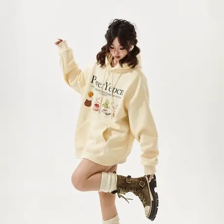 YEP美式慵懒风连帽卫衣女2024年春季新款复古印花宽松情侣装外套商品大图
