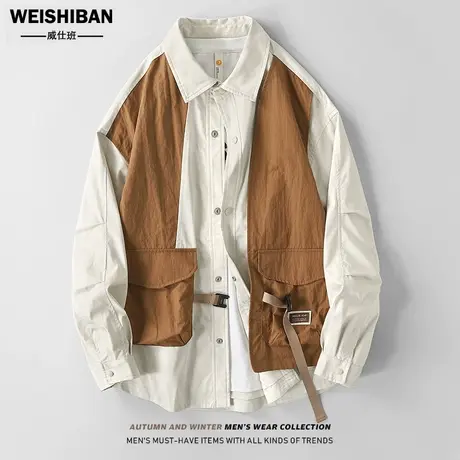 潮流设计感拼接工装衬衫男春秋季2024新款撞色假两件小众衬衣外套图片