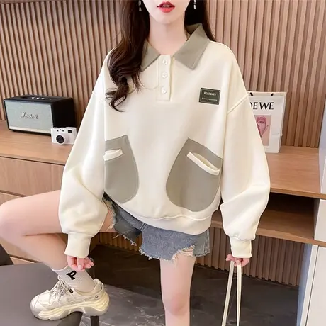 早春翻领polo衫卫衣女春秋季韩版宽松大码初春薄款假两件上衣外套图片