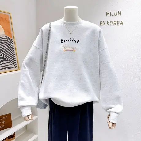 2024春季新款韩系穿搭简约风字母上衣奶油色甜美微胖遮肉卫衣圆领商品大图