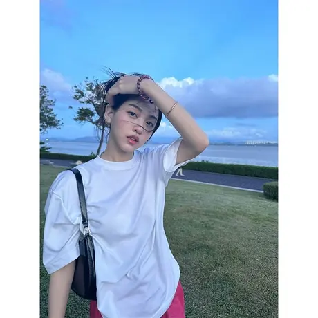 纯棉重磅纯色圆领短袖t恤女夏季新款宽松半袖白色上衣服体恤百搭图片