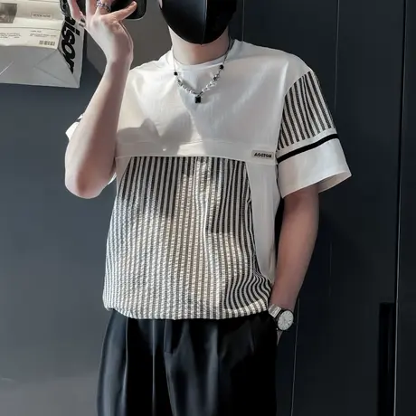假两件短袖T恤男夏季新款潮牌ins条纹拼接设计感夏天圆领半袖上衣商品大图