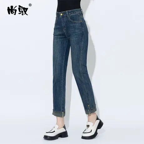 蓝色弹力高腰牛仔直筒裤2023年秋季新款翻边烟管裤显瘦百搭九分裤商品大图