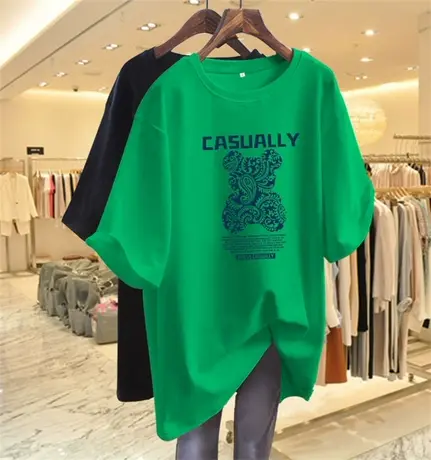 纯棉小熊印花短袖t恤女2024夏季新款遮屁股中长款宽松显瘦上衣服商品大图