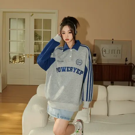 YEP字母刺绣拼接Polo领卫衣女春季2024年新款运动风上衣宽松外套商品大图