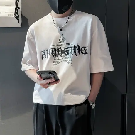 短袖t恤夏季潮流字母上衣ins潮牌t恤高级感2024新款半袖打底体恤商品大图