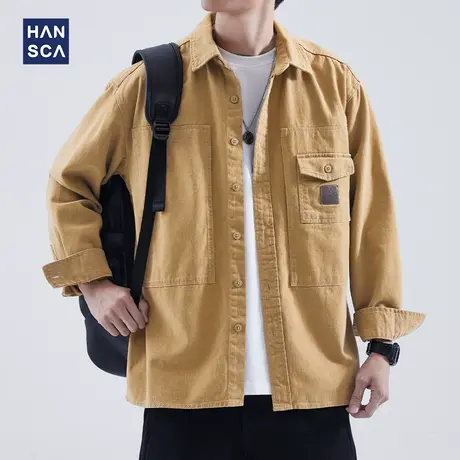 hansca长袖衬衫男秋季新款潮牌日系复古重磅纯棉宽松休闲工装外套商品大图