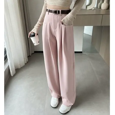 粉色阔腿裤西装女春秋新款高级感显瘦垂感直筒小个子休闲拖地长裤图片