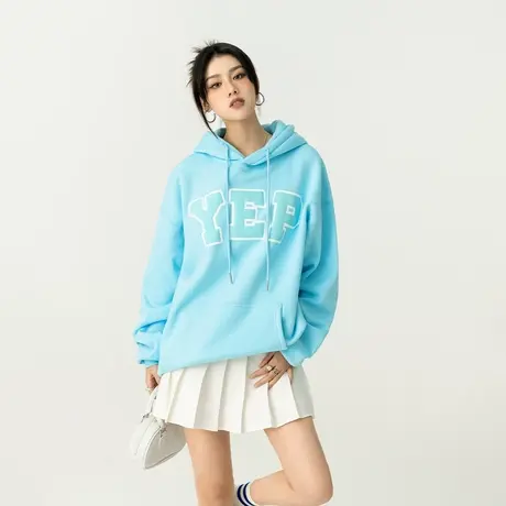 YEP植绒发泡立体字母印花水蓝加厚连帽卫衣女宽松春秋外套ins潮牌商品大图