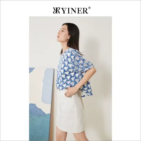 YINER音儿线上专选女装2022夏季撞色三角块镂空衬衫商品大图