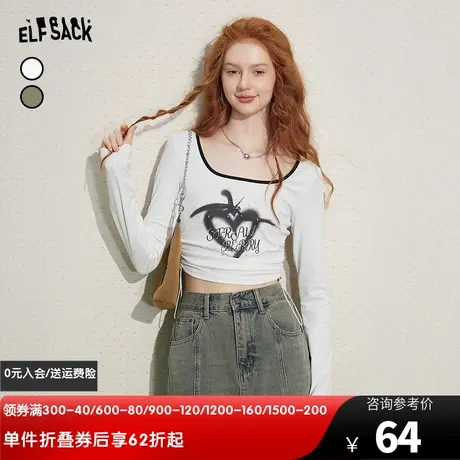 妖精的口袋bm风长袖短款t恤女2024春秋新款印花方领修身辣妹上衣图片
