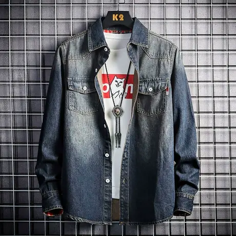 春秋季牛仔衬衫男韩版修身男士长袖衬衣学生潮流帅气春装薄款外套商品大图