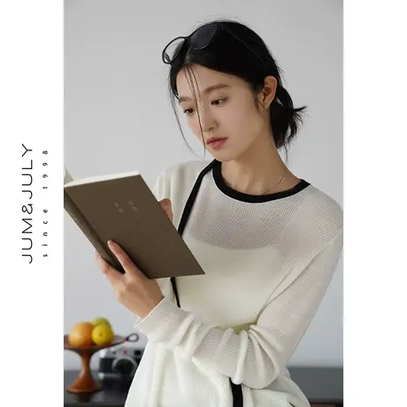 嘉茱莉2023秋季新款不规则撞色针织衫女短款套头针织上衣小众设计商品大图