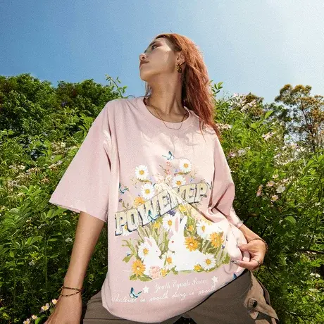 YEP小雏菊t恤女短袖夏装2023新款宽松oversize半袖上衣复古情侣装商品大图