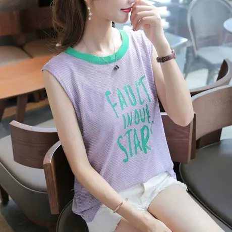 夏季新款无袖针织衫女装吊带韩版宽松条纹T恤衫时尚字母上衣图片